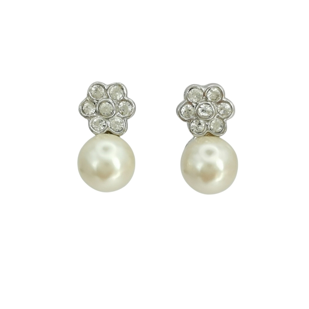Swarovski Elements Pearl and Crystal Drop Earrings Silver Tone
